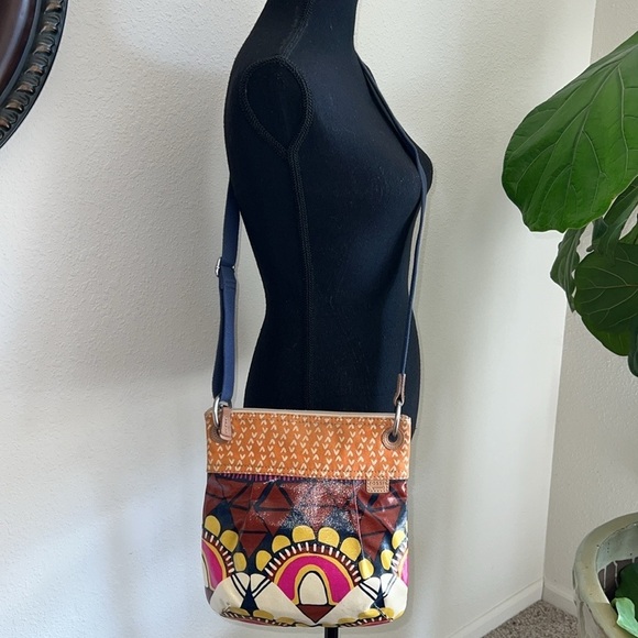Fossil Vintage Key-Per Crossbody Hobo Canvas Bag Paisley Design Orange Hot Pink - Picture 14 of 16
